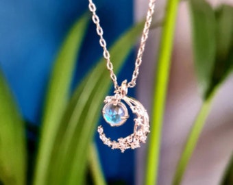 Beautiful Crystal Moon and Star Opal Necklace, 925 Sterling Silver Stamped or 925 Gold Plated, A Unique and Rare Necklace, Wiccan Necklace