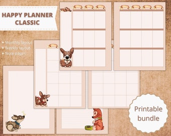 Può includere: Pacchetto di planner stampabili a tema cani. Le pagine presentano layout mensili e settimanali, oltre a pagine di note. La copertina presenta un simpatico cane dei cartoni animati.