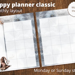 May include: A monthly planner page with a wizard theme. The page has a watercolor background with a wizard hat and wand in the bottom left corner. The page is divided into seven columns for each day of the week, with the days labeled at the top. The page also includes a space at the top for the month of the year. The text "Monday or Sunday start" is at the bottom of the page.