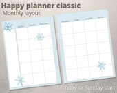 Monthly printable - Happy planner classic - MAMBI - Undated - Monday start - Sunday start - Winter theme - Snow design - Digital download