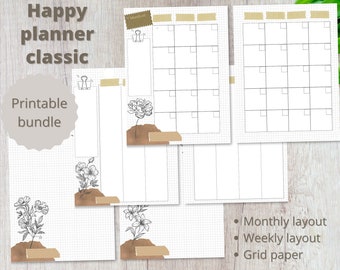 May include: Printable planner bundle with a monthly layout, weekly layout, and grid paper. The pages feature a floral design with brown and beige accents.