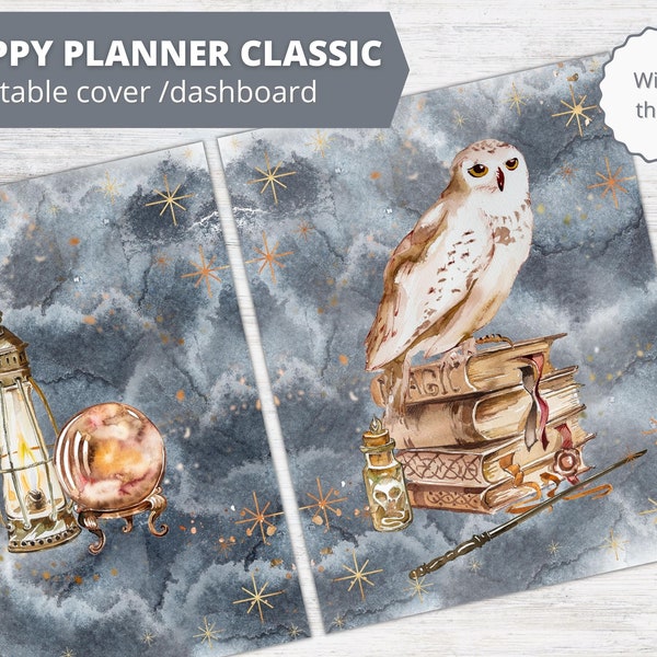 Happy planner cover / dashboard / divider for Happy planner classic | Printable | Wizard theme | Magical owl | Wand and books | Discbound
