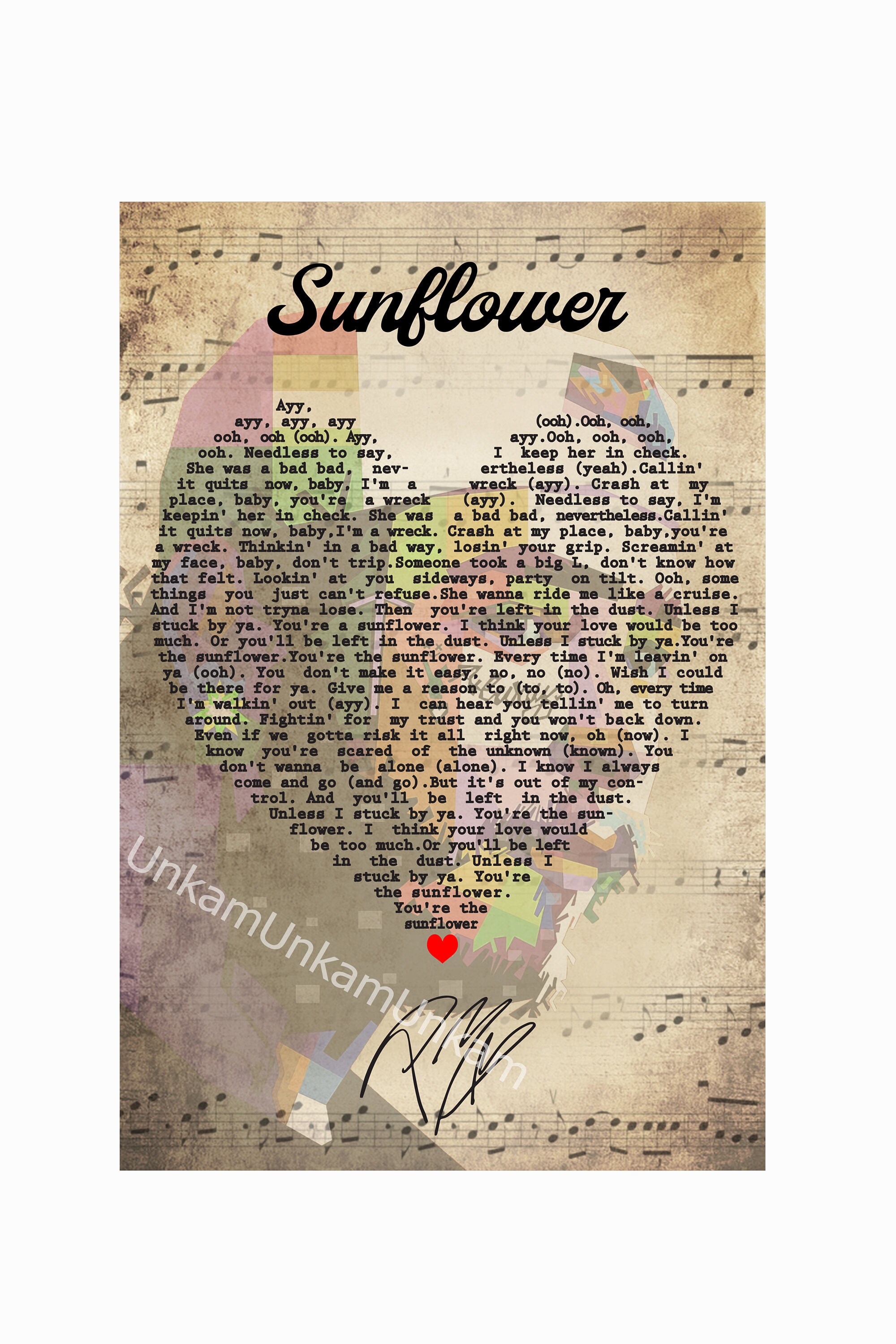 Sunflower lyrics Digital File Love Music PNG Song Lyric JPG Etsy