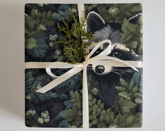 Raccoon Wrapping Paper | Dark Woodland Animal Gift Wrap | Nature Illustration Matte Sheets | Unique Wildlife Design | Cottagecore Present