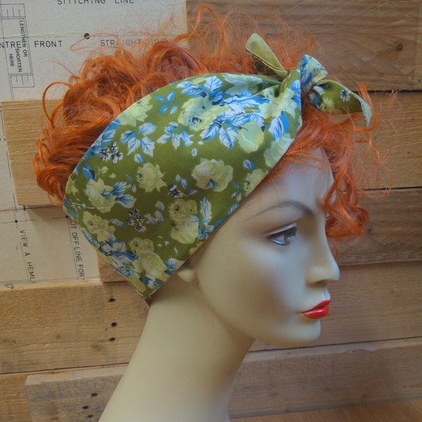 Diadema estilo años 40, patrón de flores caqui años 50, retro, pañuelo en la cabeza, envoltura para la cabeza, pañuelo, accesorio para el cabello de estilo vintage, bufanda de bolso,