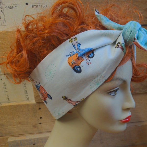 Scooter print self tie headband, 50's, Retro, headscarf, Head wrap, Bandana, Vintage style hair accessory, handbag scarf, turban, head tie