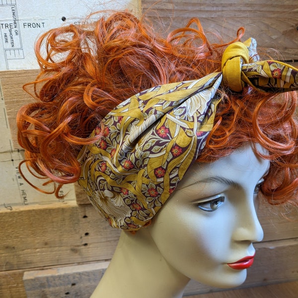 William Morris V&A  self tie headband, mustard/red 40's 50's, Retro, headscarf, Head wrap, Bandana, Vintage hair accessory, handbag scarf