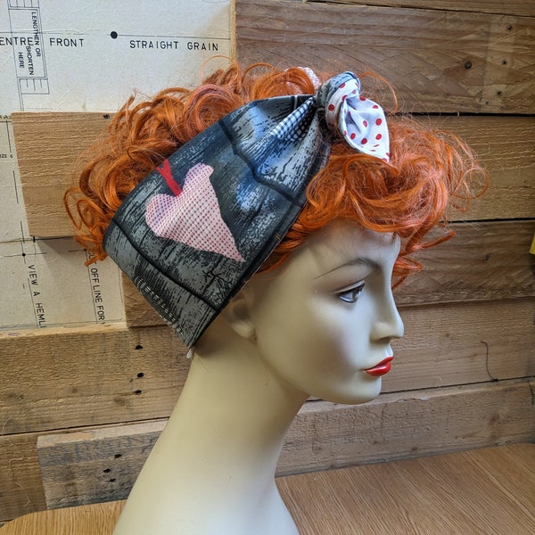 Valentines, self tie headband, Scandi Folk art, heart pattern, grey, charcoal, 50's, Retro headscarf, Head wrap, Bandana,Vintage style hair