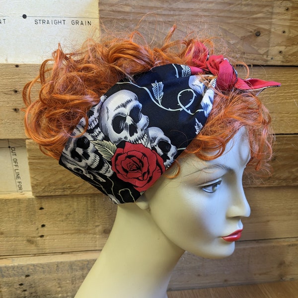 Skulls and Red Roses, Day of the Dead, headscarf, Head wrap, Bandana, Turban Vintage style, Retro hair accessory, handbag scarf