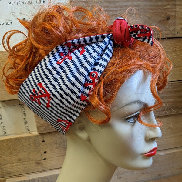 Sailor, red Anchor, navy stripe self tie headband,  50's, Retro, headscarf, Head wrap, Bandana, Vintage style hair accessory, handbag scarf