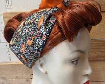 William Morris Strawberry Thief Stirnband aus schwarzem Ebenholz im 50er-Jahre-Retro, Kopftuch, Kopftuch, Bandana, Haaraccessoire im Vintage-Stil, Handtaschenschal