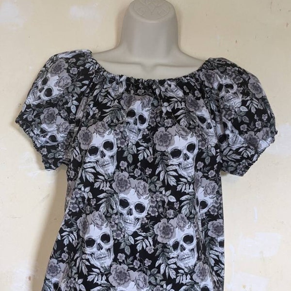 Skulls and roses grey print gypsy, ladies, Longer version. Pin up, vintage inspired, handmade, 1940's/ 1950's,