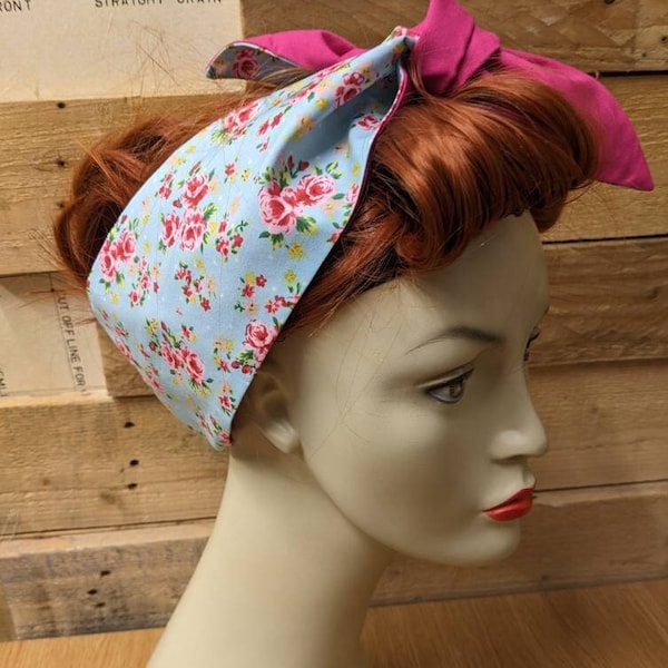 Pale blue pink rose print headscarf, self tie headband, Pin up, 1940's retro, Head wrap, Bandana, Vintage style hair accessory, handbag