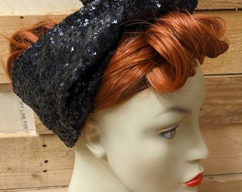 Black sequin and velvet reversible headband, headscarf, Head wrap, Turban, Bandana, boho Vintage style, Retro hair accessory, handbag scarf