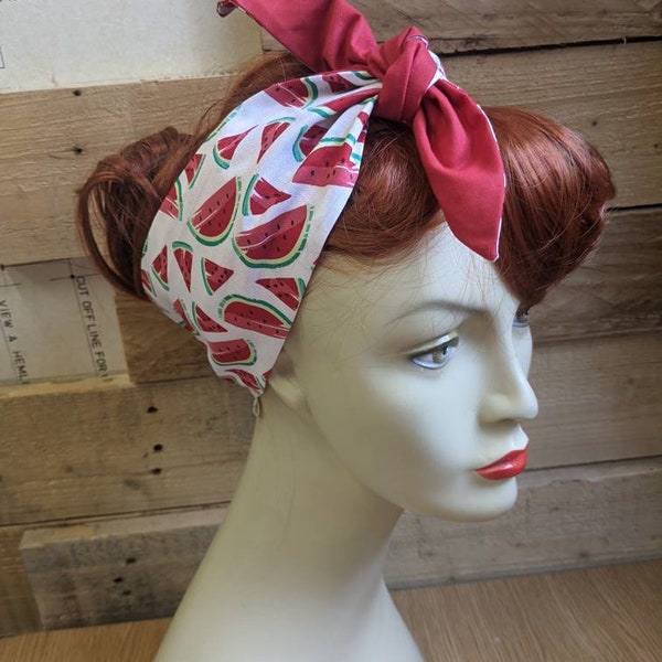 Water melon,  self tie headband. Smallprint headscarf, Head wrap, Bandana, Vintage style hair accessory, handbag scarf, Rosie the Riveter