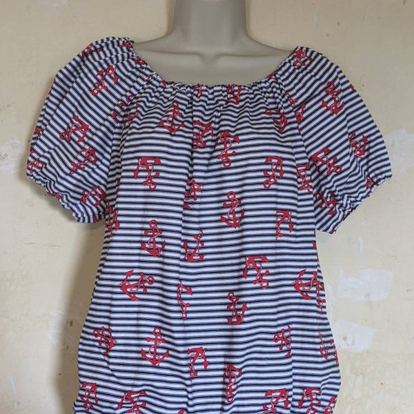 Red Anchor, navy stripe gypsy top, ladies, pin up, vintage inspired, handmade, 1940's, 1950's, sailor, rockabilly, retro, Hippy, festival,