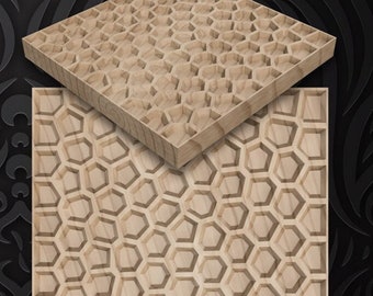 May include: Three wood panels with different geometric patterns carved into them. The patterns are hexagonal, wavy, and a combination of both. The panels are all light brown in color and have a depth of cut of 5 mm. The text "eyecreate art one of one" is visible on the middle panel.