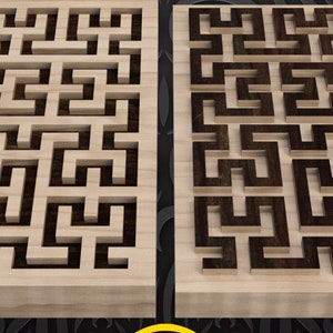 May include: Two wooden panels with a geometric pattern carved into them. The pattern is a Hilbert curve, a fractal design. The panels are both 107.95 mm wide and 107.95 mm long. The panel on the left has a recessed cut, while the panel on the right has a raised cut. The text "eyecreate art" and "one of one" is printed below the panels. The text "Hilbert Curve Panel 4th Order 3.175mm" is printed below the text.