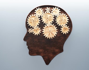 Arte mural de engranajes cerebrales cinéticos / Archivo STL CNC / Plano de tallado mecánico de madera con silueta humana