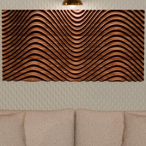 May include: A rectangular wall art piece featuring a series of deep, rhythmic, vertical wave patterns in a rich, dark brown wood tone. The surface is characterized by alternating concave and convex ridges that create a three-dimensional effect.