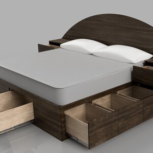 May include: A dark brown wooden bed frame with a large arched headboard and integrated nightstands. The bed features a light grey mattress and multiple pull-out storage drawers with light wood interiors located along the base and side panels.
