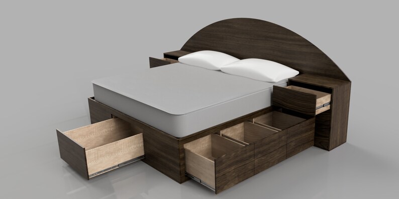 May include: A dark brown wooden bed frame with a large arched headboard and integrated nightstands. The bed features a light grey mattress and multiple pull-out storage drawers with light wood interiors located along the base and side panels.