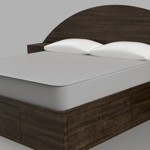 May include: A dark wood platform bed frame featuring a large arched headboard with integrated side tables, a light grey mattress, and two white pillows. The base of the bed includes built-in storage drawers with a visible wood grain finish throughout.