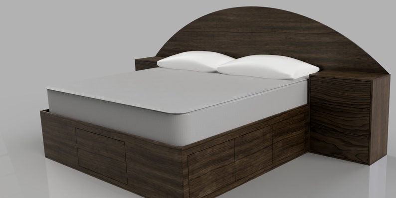May include: A dark wood platform bed frame featuring a large arched headboard with integrated side tables, a light grey mattress, and two white pillows. The base of the bed includes built-in storage drawers with a visible wood grain finish throughout.