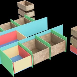 May include: A modular storage system featuring multiple open wooden boxes with light wood grain interiors. The dividers and exterior panels are painted in pastel shades of mint green, light blue, soft yellow, and coral pink, arranged in a grid.