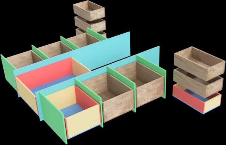 May include: A modular storage system featuring multiple open wooden boxes with light wood grain interiors. The dividers and exterior panels are painted in pastel shades of mint green, light blue, soft yellow, and coral pink, arranged in a grid.