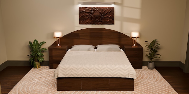May include: A dark wood bed frame with an integrated arched headboard and two matching nightstands. The bed is dressed in a light-coloured, textured coverlet with two white pillows. A rectangular brown wall art piece hangs above the headboard.