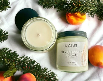 Silver Spruce and Peach - 6oz Soy Candle, Fruit Scented Candle, Woodsy Candle, Christmas Pine Scented Candle, Unique Scented Candle