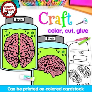 Könnte beinhalten: Ein handwerkliches Bild mit dem Wort "Craft" in bunten Buchstaben. Es zeigt zwei Gläser mit rosa Gehirnillustrationen, den Text "color, cut, glue" und den Text "Can be printed on colored cardstock". Enthält auch Buntstifte, Scheren und Kleber.