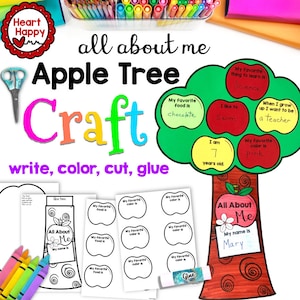 Puede incluir: Un colorido kit de manualidades "All About Me" Apple Tree. El kit incluye una plantilla de árbol, recortes de manzana para rellenar e instrucciones para escribir, colorear, cortar y pegar. El árbol presenta indicaciones como "Mi comida favorita es chocolate".
