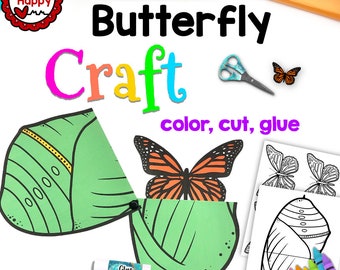May include: A butterfly craft activity for kids. The craft includes a green and yellow butterfly cocoon, a butterfly cutout, and a glue stick. The text on the page reads "Butterfly Craft, color, cut, glue".
