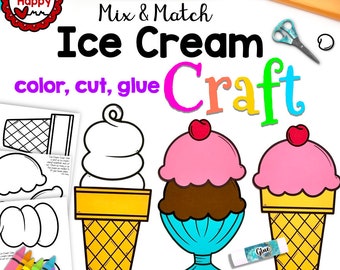 May include: A printable ice cream craft activity for kids. The image shows a colorful title "Mix & Match Ice Cream Craft" with the words "color, cut, glue" below. The craft includes a cone, a scoop of ice cream, and a cherry. The text "Can be printed on colored cardstock" is at the bottom of the image.
