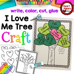 May include: A printable craft activity for kids to create a "I Love Me Tree" with hearts. The hearts have positive affirmations like "I am brave", "I have courage", and "I have a pretty smile". The craft includes a black and white outline of the tree and hearts to color and cut out.