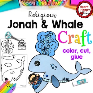 Plantilla imprimible de Jonás y la ballena para niños, manualidad religiosa, escuela dominical, lecciones bíblicas, educación en casa, descarga instantánea en PDF