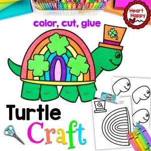 May include: Color, cut, and glue craft for kids featuring a turtle with a rainbow shell and shamrock decorations. The craft includes a printable template with a turtle, rainbow, and shamrock shapes.