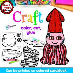 Manualidad de calamar, plantilla imprimible para niños, animales del océano, verano, ciencia, educación en casa, recursos para docentes, descarga instantánea en PDF
