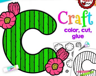 Puede incluir: Una actividad de manualidades imprimible para que los niños coloreen, recorten y peguen para crear una letra C con forma de cactus con flores rosas. La manualidad incluye el texto "Craft color, cut, glue" y "Can be printed on colored cardstock".