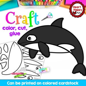May include: A printable craft activity featuring a black and white orca whale with the text "Craft color, cut, glue" and "Can be printed on colored cardstock".