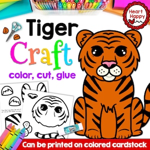 Tiger Craft, Modelo de artesanato para impressão para crianças, Animais do zoológico, Animais da floresta tropical, Letra T, Educação domiciliar, Recursos para professores, Download instantâneo de PDF