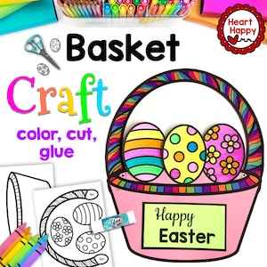 May include: A printable Easter basket craft for kids. The craft includes a basket, three eggs, and a sign that says "Happy Easter".