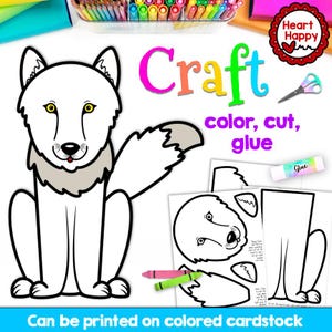 May include: A white wolf craft project with the word "Craft" in colourful letters. The text "color, cut, glue" is also present. Includes a glue stick, scissors, and crayons. The text "Can be printed on coloured cardstock" is at the bottom.