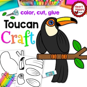Modelo de artesanato infantil para impressão de tucano, animais da floresta tropical, animais do zoológico, letra T, ensino doméstico, recursos para professores, download instantâneo de PDF