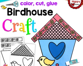 Plantilla imprimible para manualidades infantiles de casitas para pájaros, manualidades de jardín, manualidades de primavera, educación en casa, recursos para profesores, descarga instantánea, descarga en PDF.