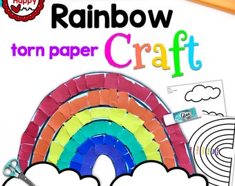 May include: A rainbow craft project for kids using torn paper. The rainbow is made of red, orange, yellow, green, blue, indigo, and violet paper. The craft includes two white clouds and a glue stick.