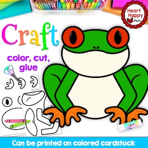 May include: A printable craft activity featuring a green frog with red eyes. The craft instructions are "color, cut, glue". The image includes a printable template of the frog, scissors, crayons, and glue.