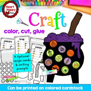 Puede incluir: Una actividad de manualidades de Halloween imprimible para niños. La manualidad presenta un caldero negro con un borde morado y un mango de madera. El caldero está lleno de pegatinas coloridas con temática de Halloween, incluyendo una calabaza, una araña, un maíz dulce, un murciélago y un hueso. El texto "Craft" está escrito en letras grandes y coloridas en la parte superior de la imagen. El texto "color, cut, glue" está escrito debajo del título. El texto "9 Optional recipe cards & writing prompts" está escrito en un cuadro azul en el centro de la imagen. El texto "Can be printed on colored cardstock" está escrito en la parte inferior de la imagen.